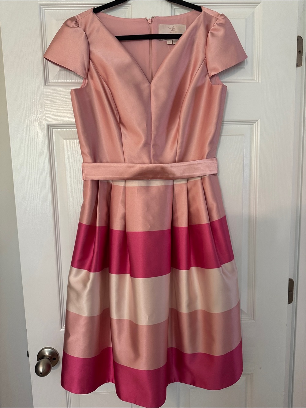 Gal Meets Glam Pink Striped Satin Fit-and-Flare Dress
